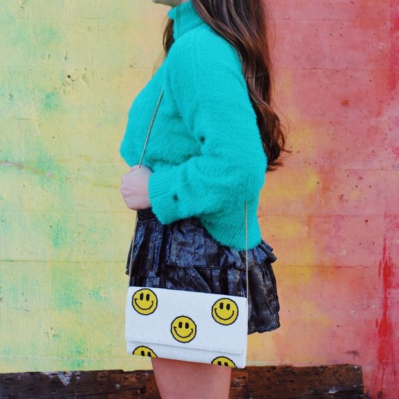 Emoji Smiley Face White Double Side Beaded Crossbody Clutch Handbag Bag NEW - Picture 2 of 8
